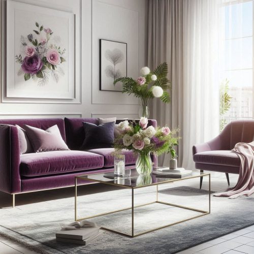 Minimalistic living room design with square glass table violet love sea