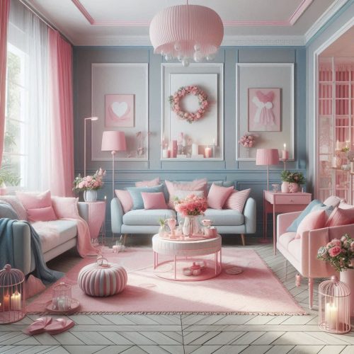 Pastel living room design with blue pink sofa love seats wall decor blue wall paint