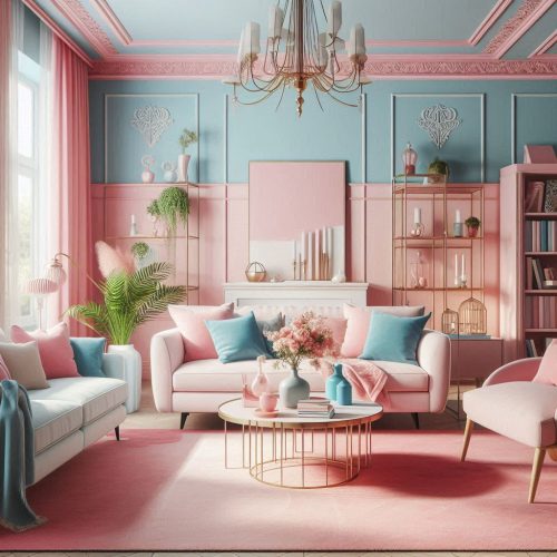 Pastel pink and blue living room decor idea with wall paint