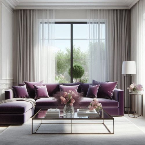 Sectional sofa couch with curtains and square table living room