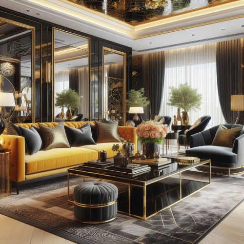 black and yellow living room design with tufted sofa and sitting area suspended ceiling
