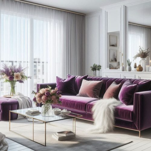 living room with love sea and mirror and curtain