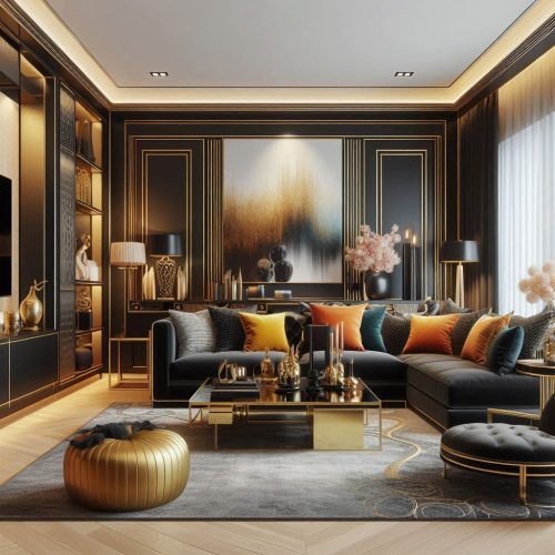 round orannge and black themed living room
