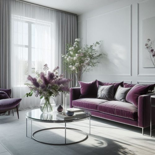 violet love seat round living room table with planters