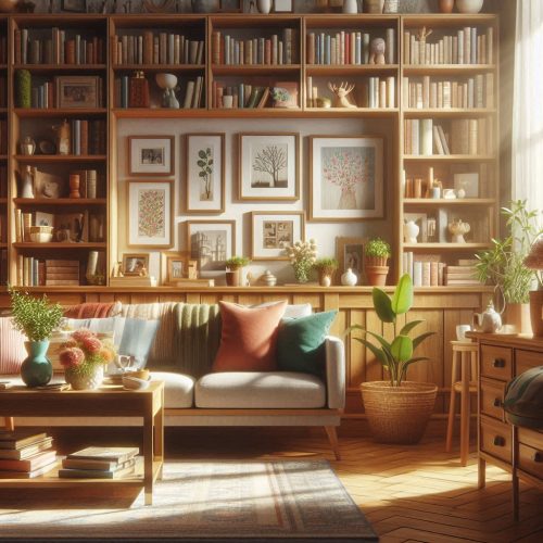 Living room floating shelves storage for books and accessories