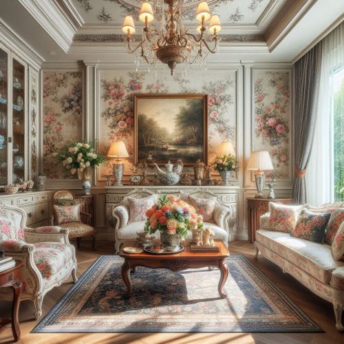 Vintage living room with pop ceiling antique furntirue floral furniture