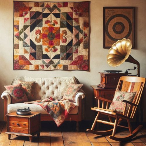antique living room with grampphone rocking chair wall rug