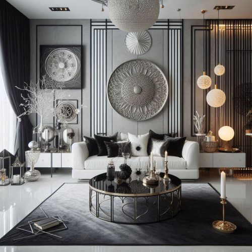 black and white living room white sofa throw pillows cushions mettalic decor on the wall