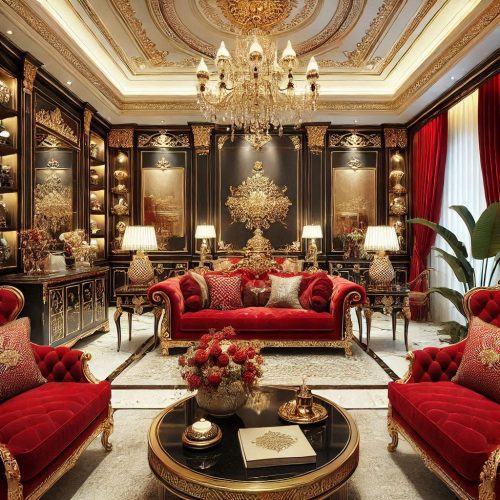 black wall red luxury living room design