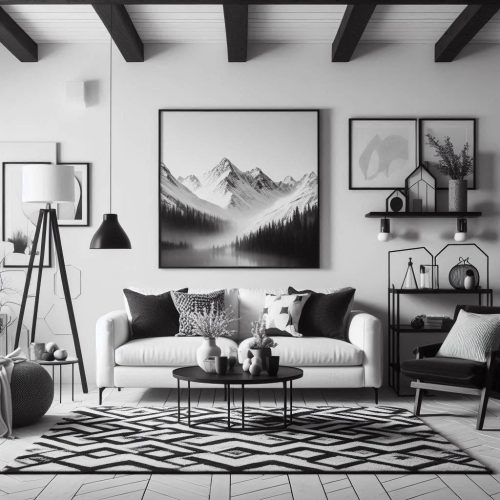 black white living room white sofa