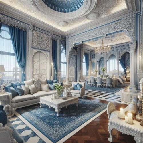 blue and white palace interior luxury intricate decor ()