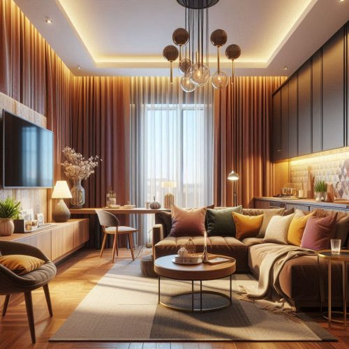 brown living room interior with brown color theme ()