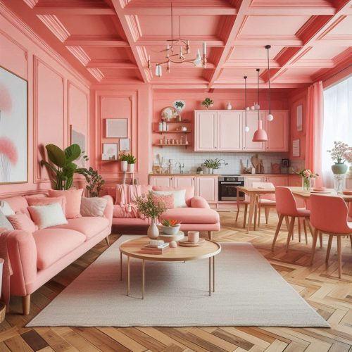 coral pink living room with coral pink sofa with attached coral pink ktichen