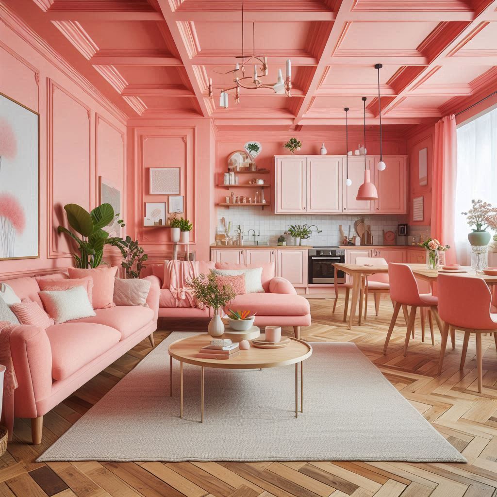 coral pink living room with coral pink sofa with attached coral pink ktichen