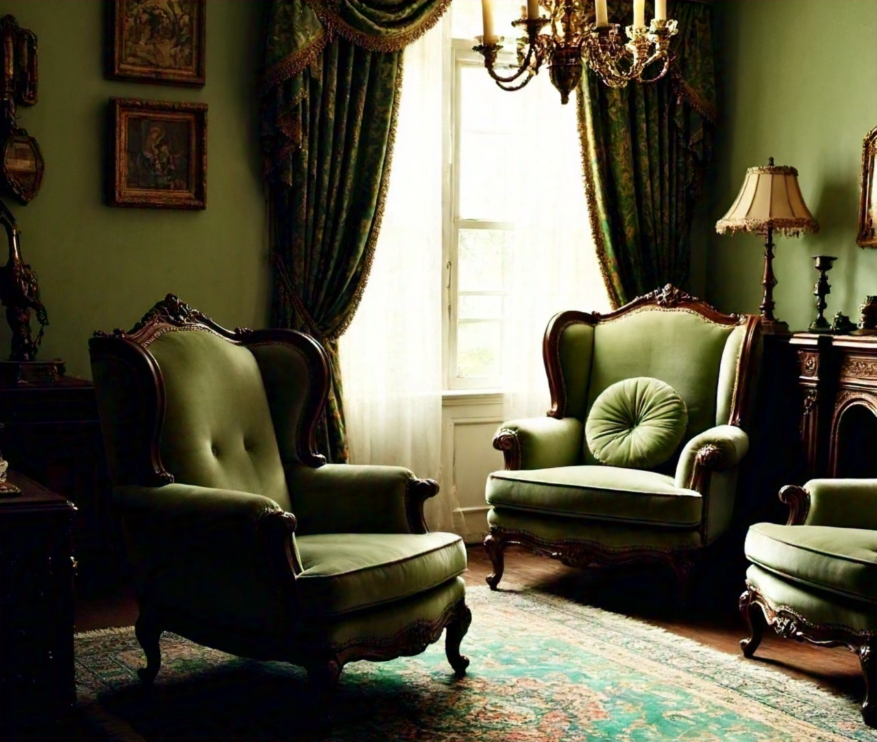create a vintage living room with green