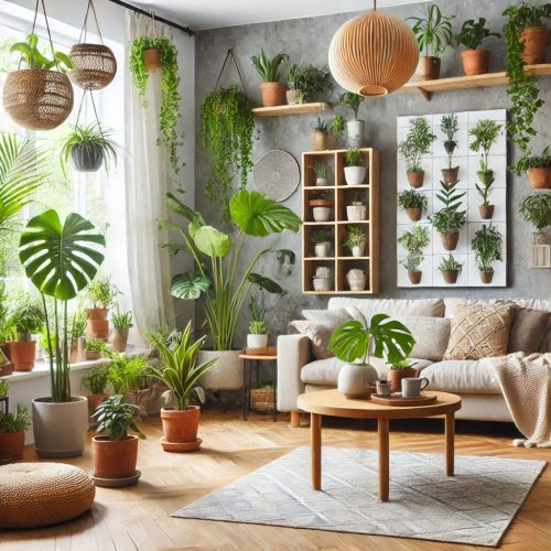 eco friendly living room decor with plants aesthetics ()