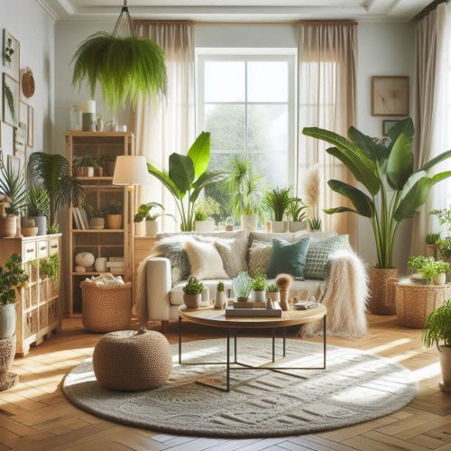 eco friendly living room decor with plants aesthetics ()