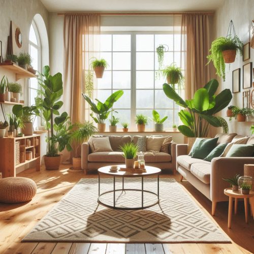 eco friendly living room decor with plants aesthetics ()