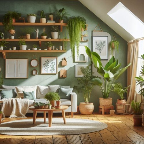 eco friendly living room decor with plants aesthetics ()