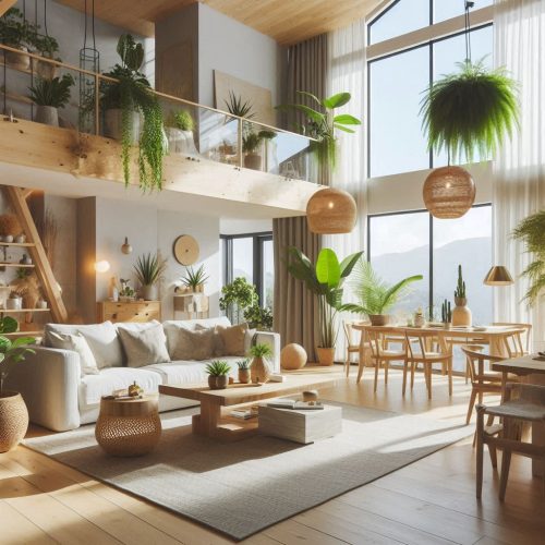 eco friendly living room decor with plants aesthetics ()