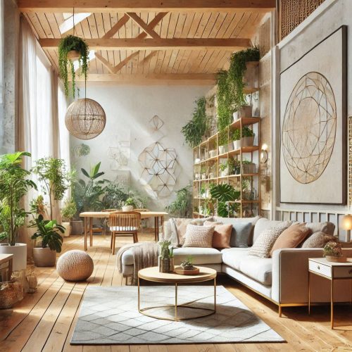 eco friendly living room decor with plants aesthetics ()