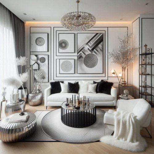 elegant black and white living room abstract art