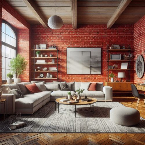 exposed brick red living room shelves l shaped sectional