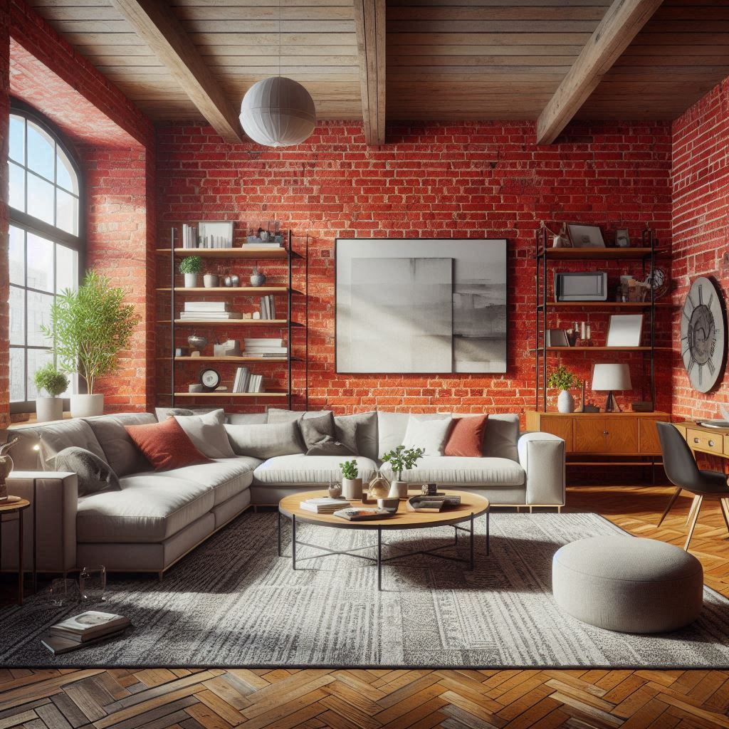 exposed brick red living room shelves l shaped sectional