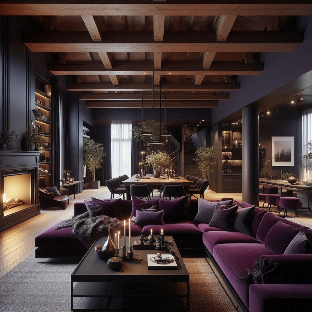 exposed deep plum living room with exposed ceiling beam design
