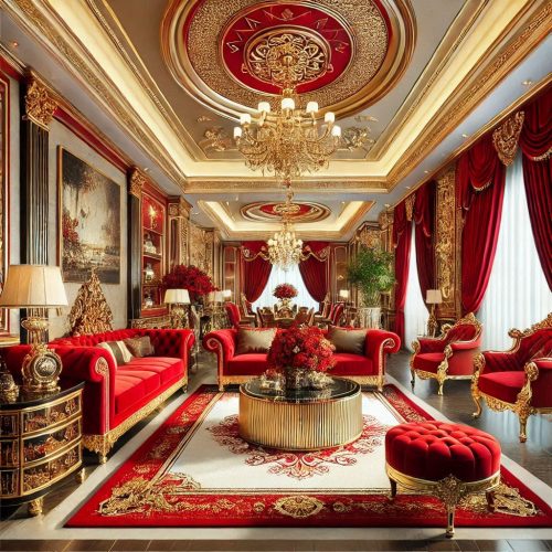 golden ceiling red luxury living room with attached dinning room