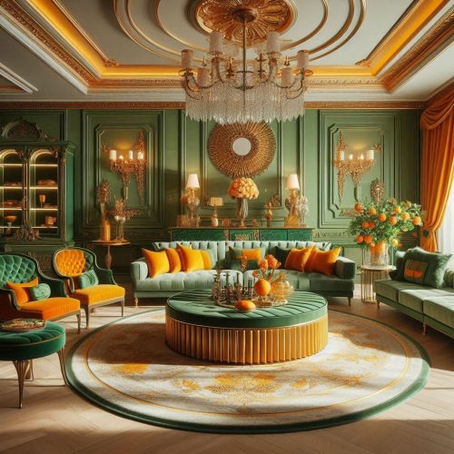 golden gold green orange living room