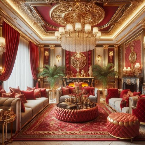 golden red living room with furniture