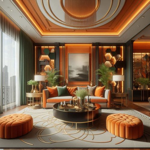 green orange living room design
