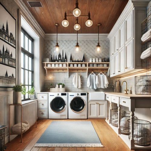 laundry room with cabinets shelves stackable machine drying racks ()