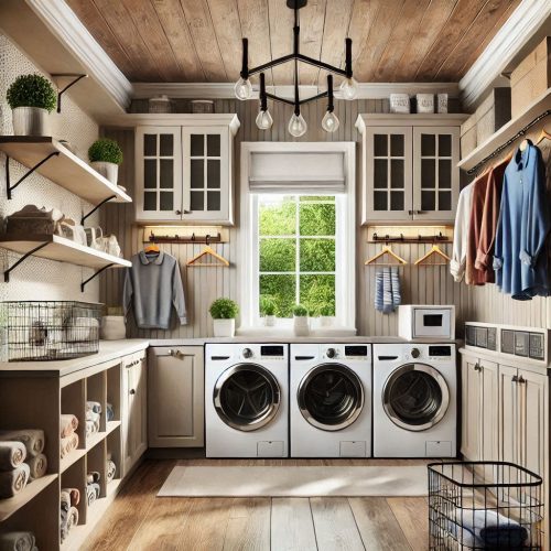 laundry room with cabinets shelves stackable machine drying racks ()