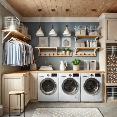 laundry room with cabinets shelves stackable machine drying racks ()