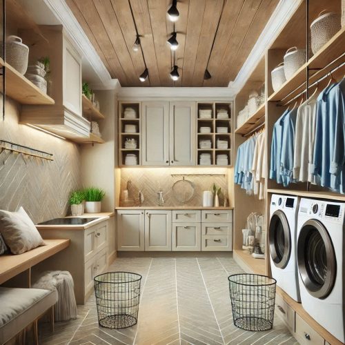 laundry room with cabinets shelves stackable machine drying racks ()