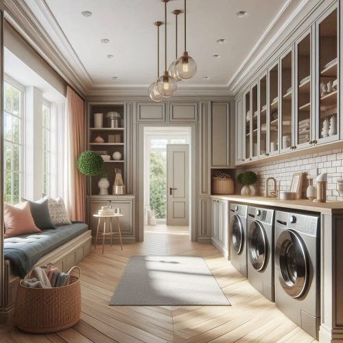 laundry room with cabinets shelves stackable machine drying racks ()