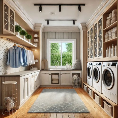 laundry room with cabinets shelves stackable machine drying racks ()
