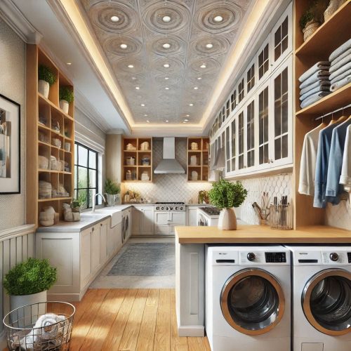 laundry room with cabinets shelves stackable machine drying racks ()