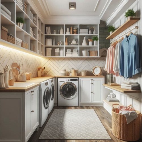 laundry room with cabinets shelves stackable machine drying racks ()