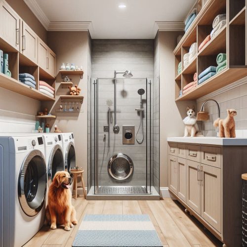 laundry room with dog shower cabinets washer and dryer ()