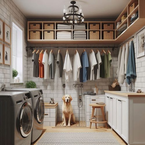 laundry room with dog shower cabinets washer and dryer ()