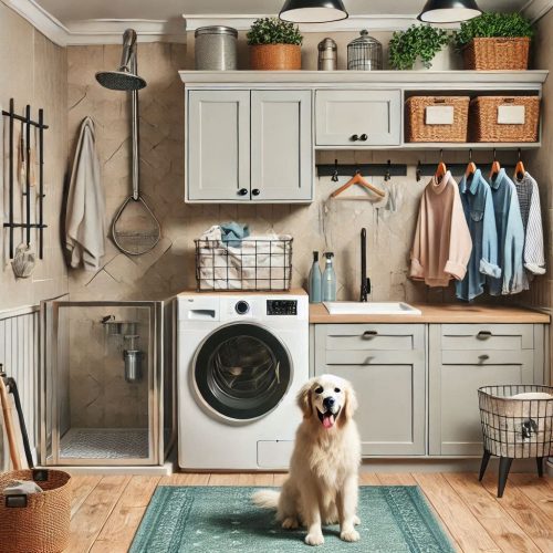 laundry room with dog shower cabinets washer and dryer ()