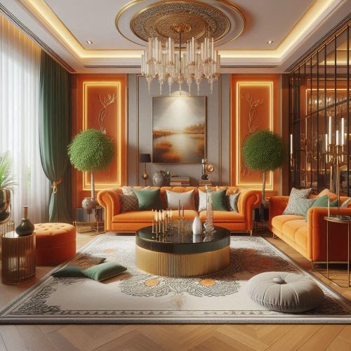 orange green lviing room design