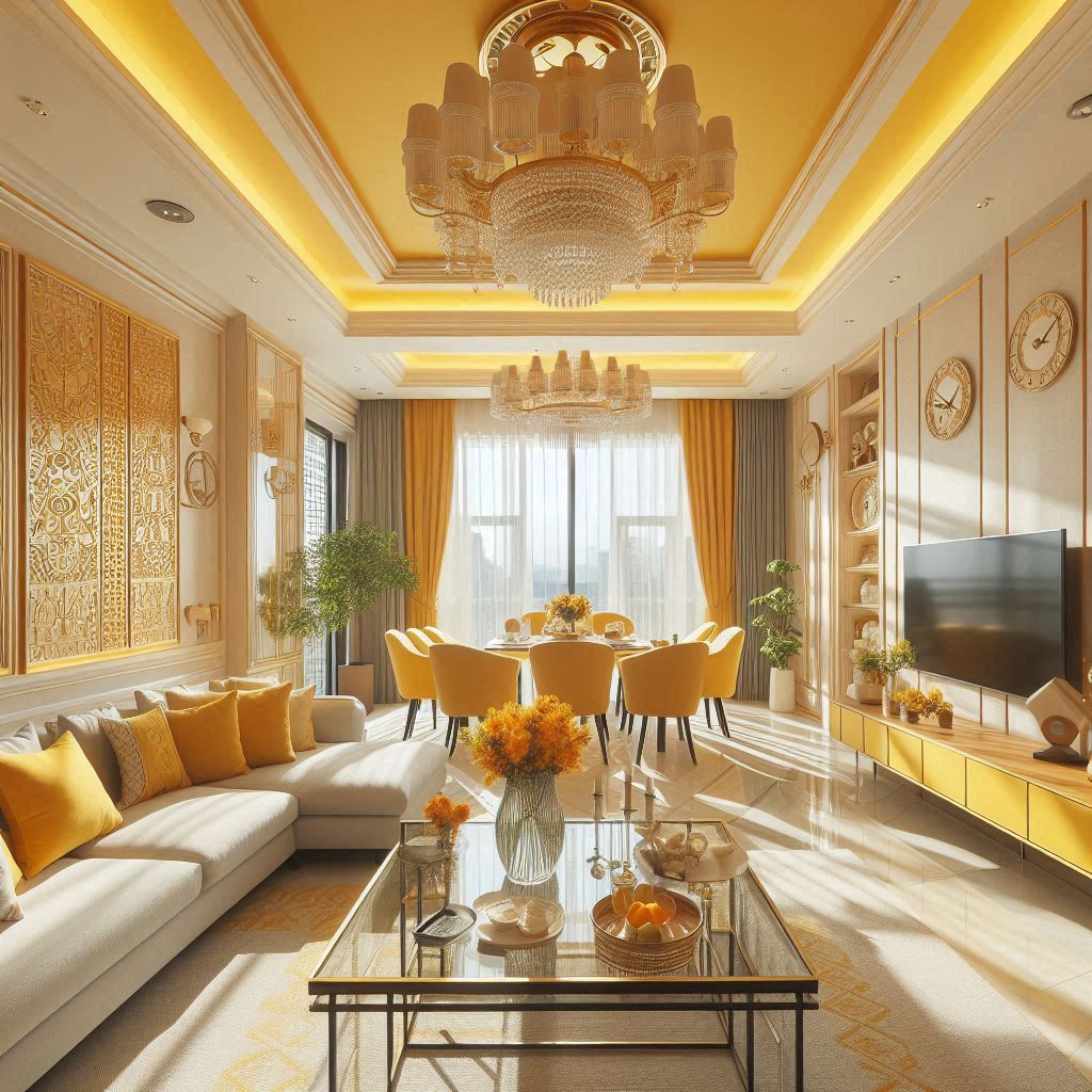 pop ceiling design wall clock l shaped sectional sunshine yellow living room decor with white