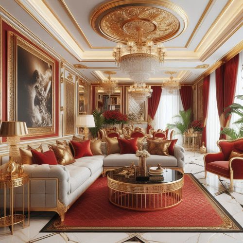 red golden living room design