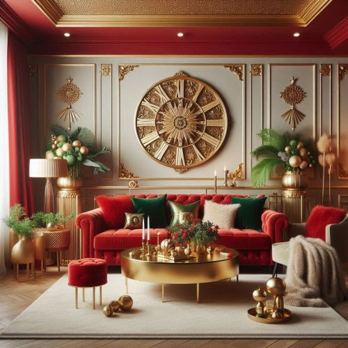 red green gold living room