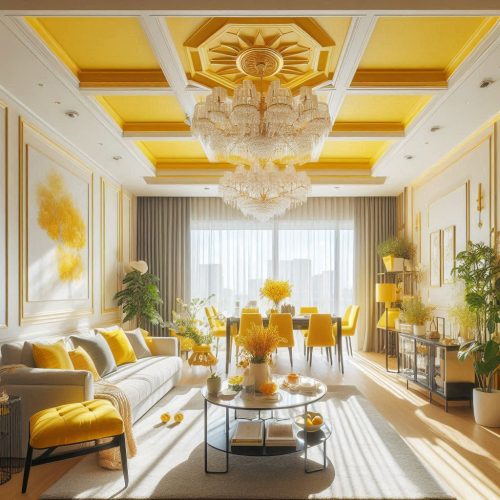 sunshine yellow living room white sofa attached dinning room round glass table pop ceiling designs