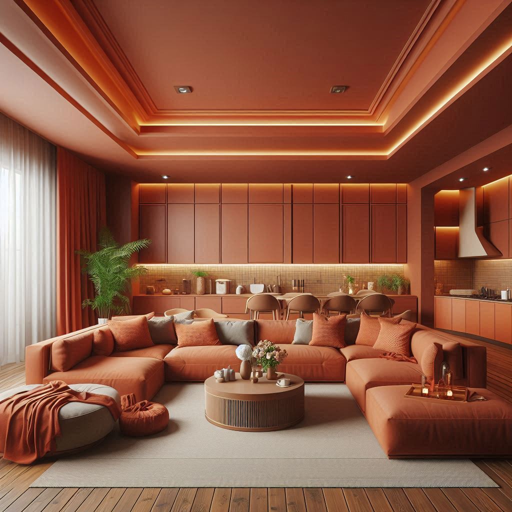 terracotta living room design decor with attached kitchen